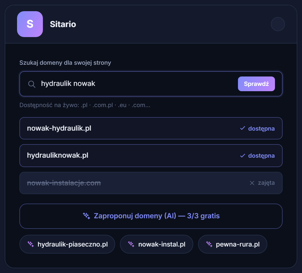 Domain search in the order form — checking availability live