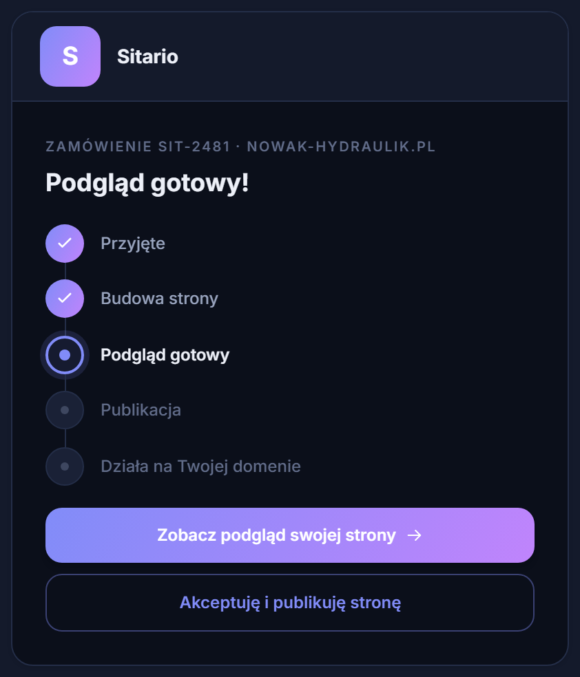 Order status page — preview ready, approval and launch on the domain